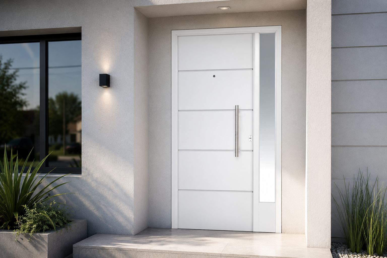 Puerta Barmetal Portada 1 Ala 1130PF Blanca instalada en fachada moderna GBA