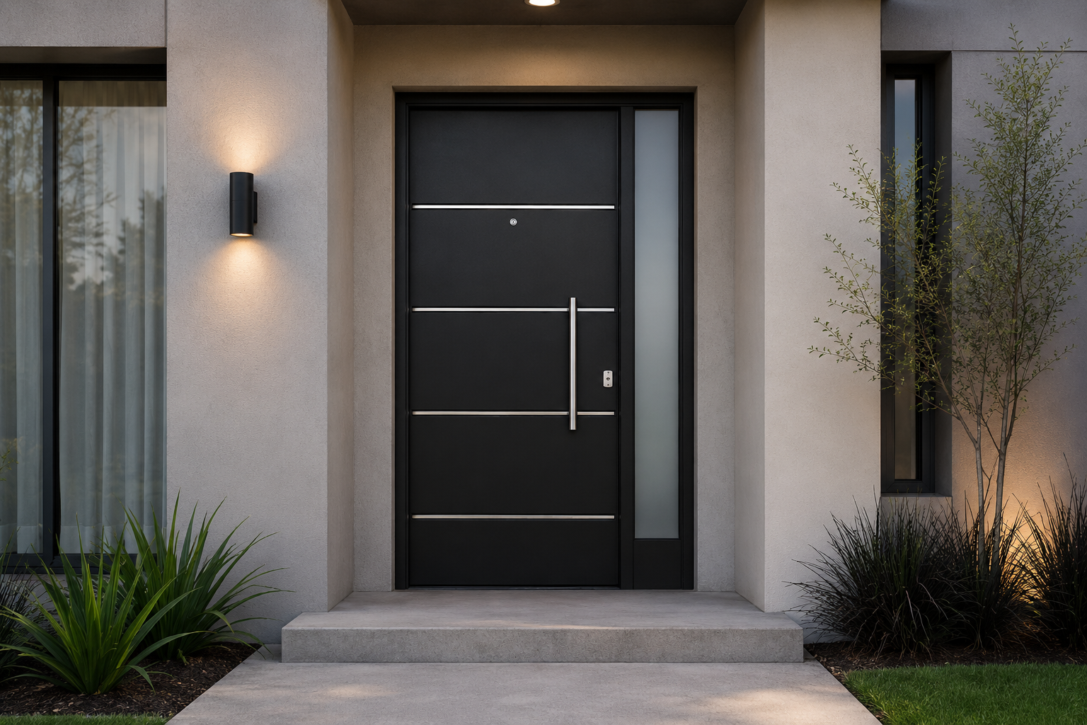 Puerta Barmetal Portada 1 Ala 1130PF Negra instalada en fachada moderna GBA