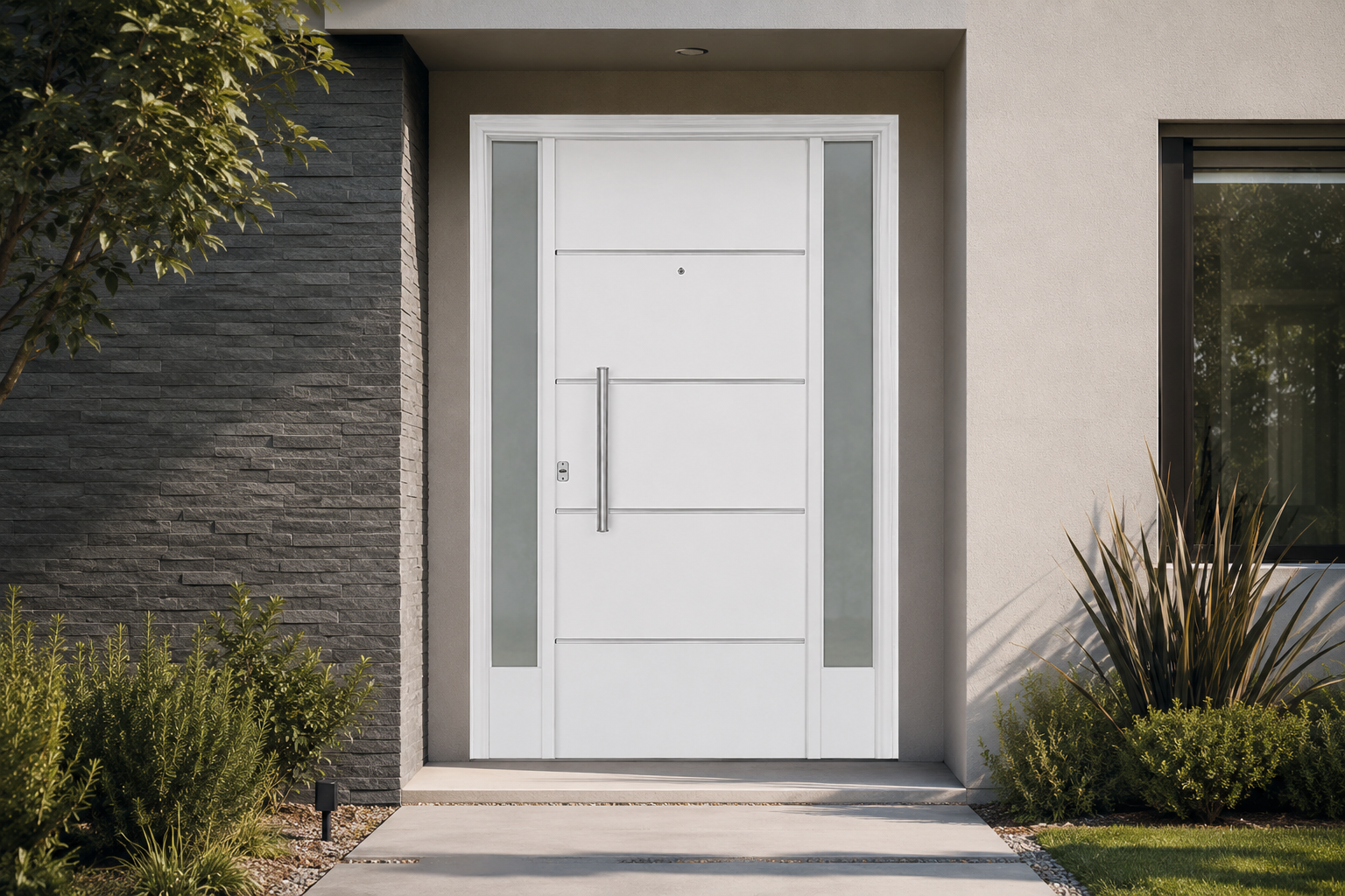Puerta Barmetal Portada 2 Alas 1130PF Blanca instalada en fachada moderna GBA