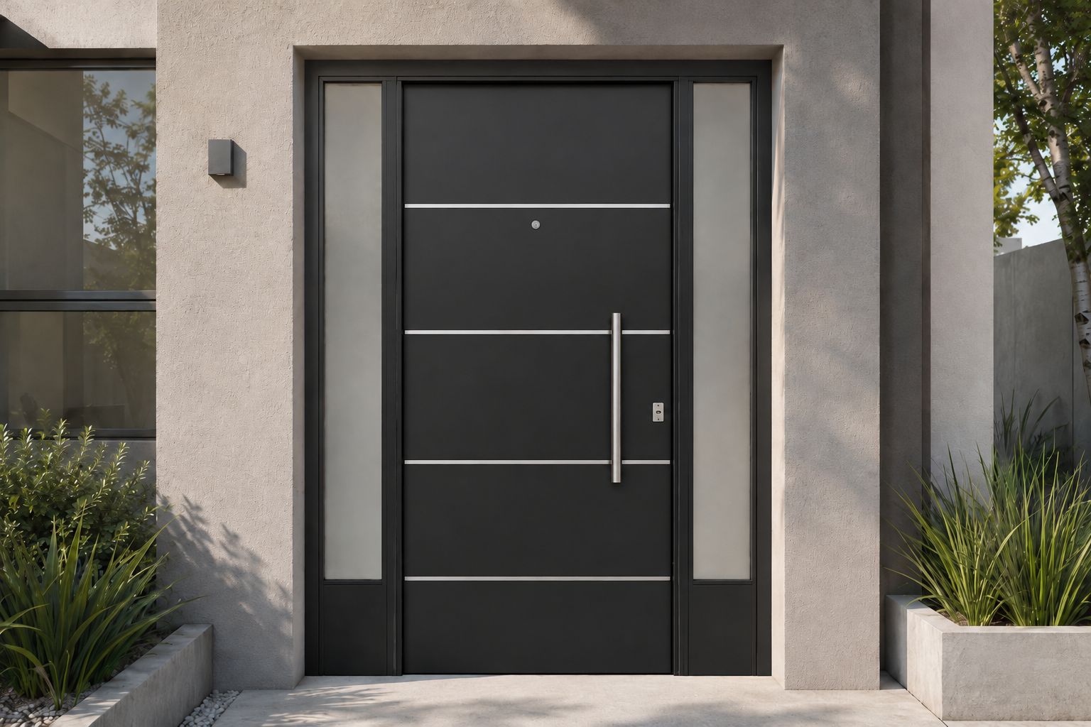 Puerta Barmetal Portada 2 Alas 1130PF Negra instalada en fachada moderna GBA