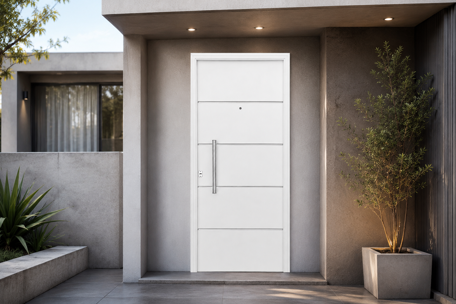 Puerta Barmetal 1130PF Blanca Plati instalada en fachada moderna GBA