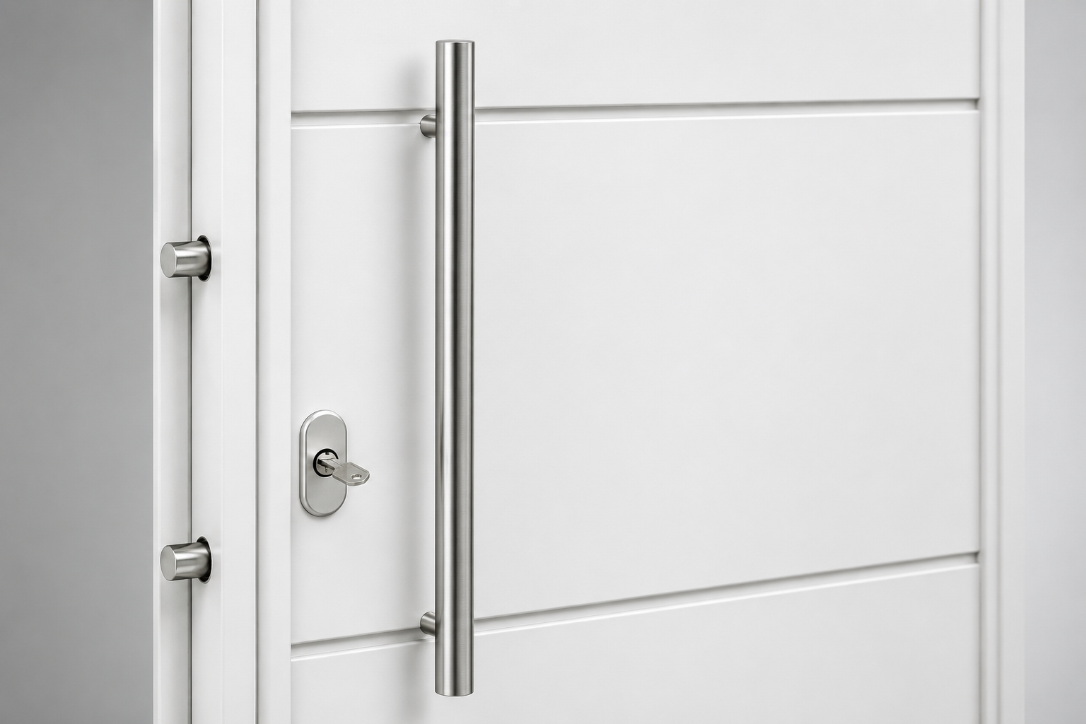 Detalle europerfil + cerrojos y barral inox Barmetal 1130PF Blanca Plati