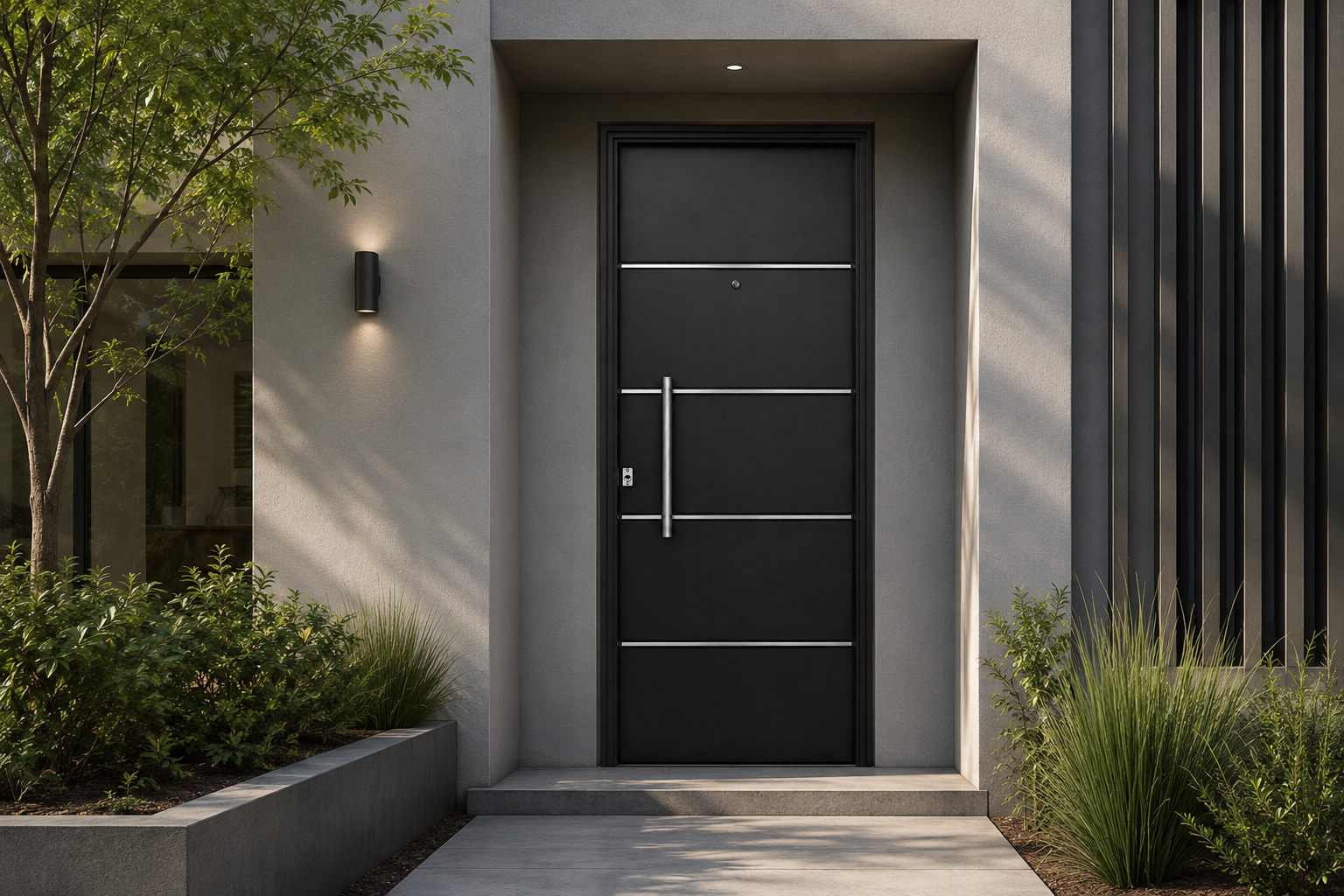 Puerta Barmetal 1130PF Negra Plati instalada en fachada moderna GBA