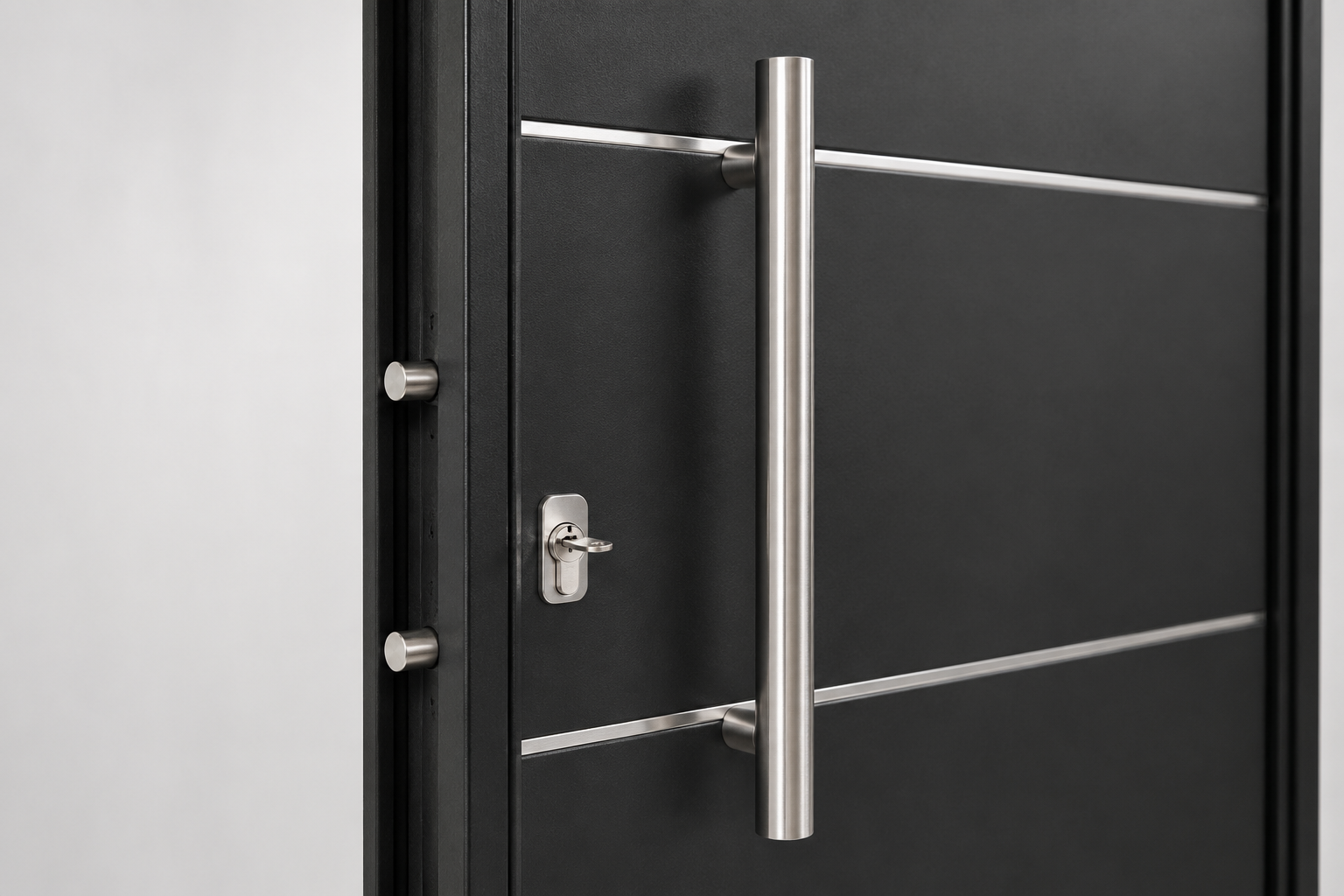 Detalle europerfil + cerrojos y barral inox Barmetal 1130PF Negra Plati