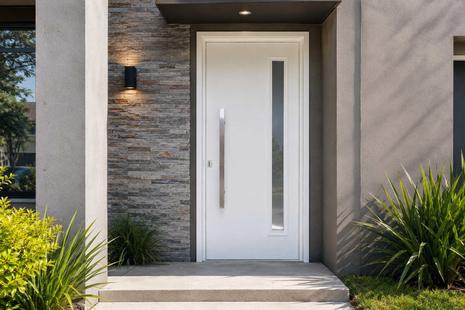 Puerta Barmetal 1800PF Blanca Plati instalada en fachada moderna GBA