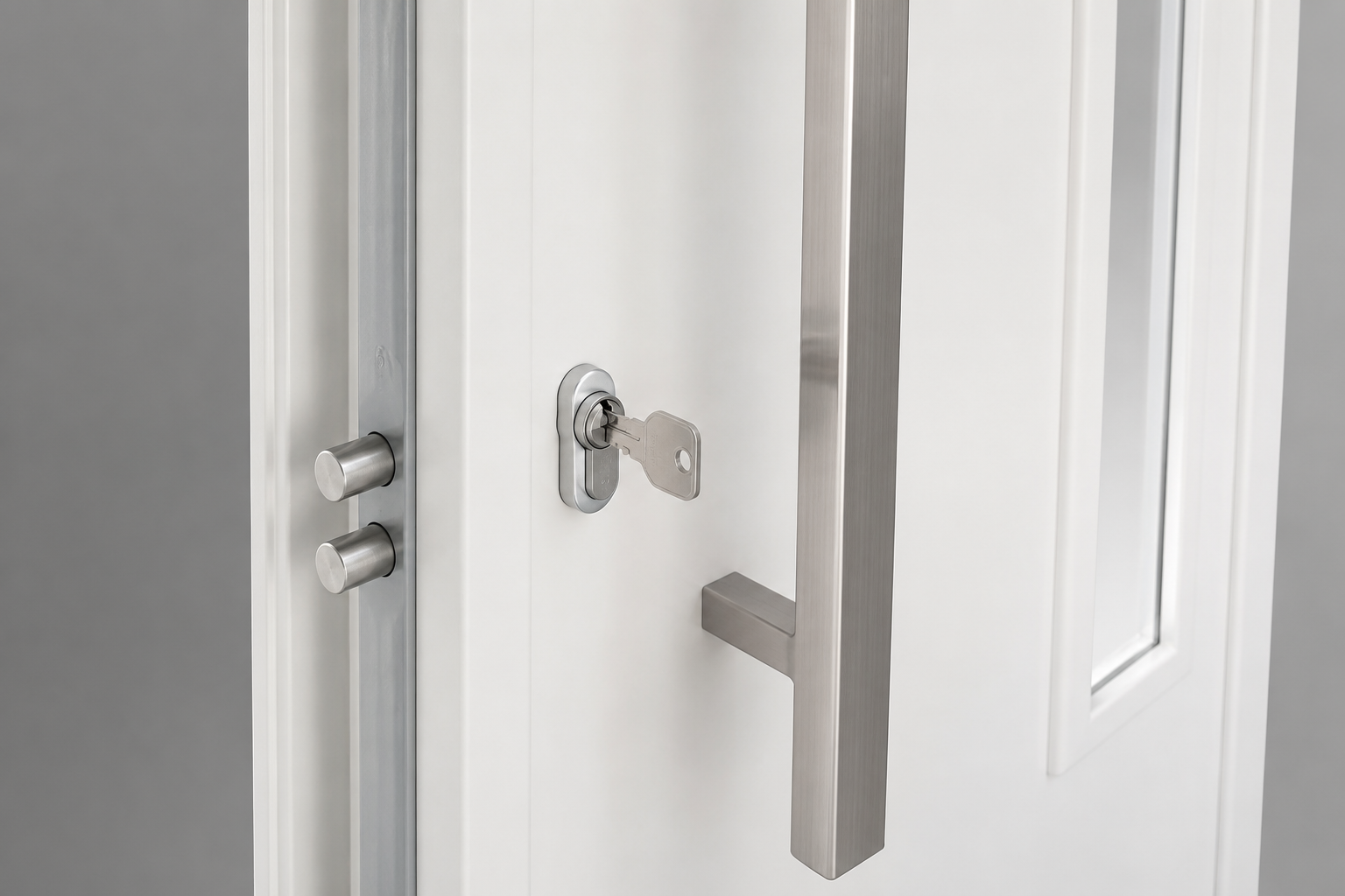 Detalle europerfil + cerrojos y barral inox Barmetal 1800PF Blanca Plati