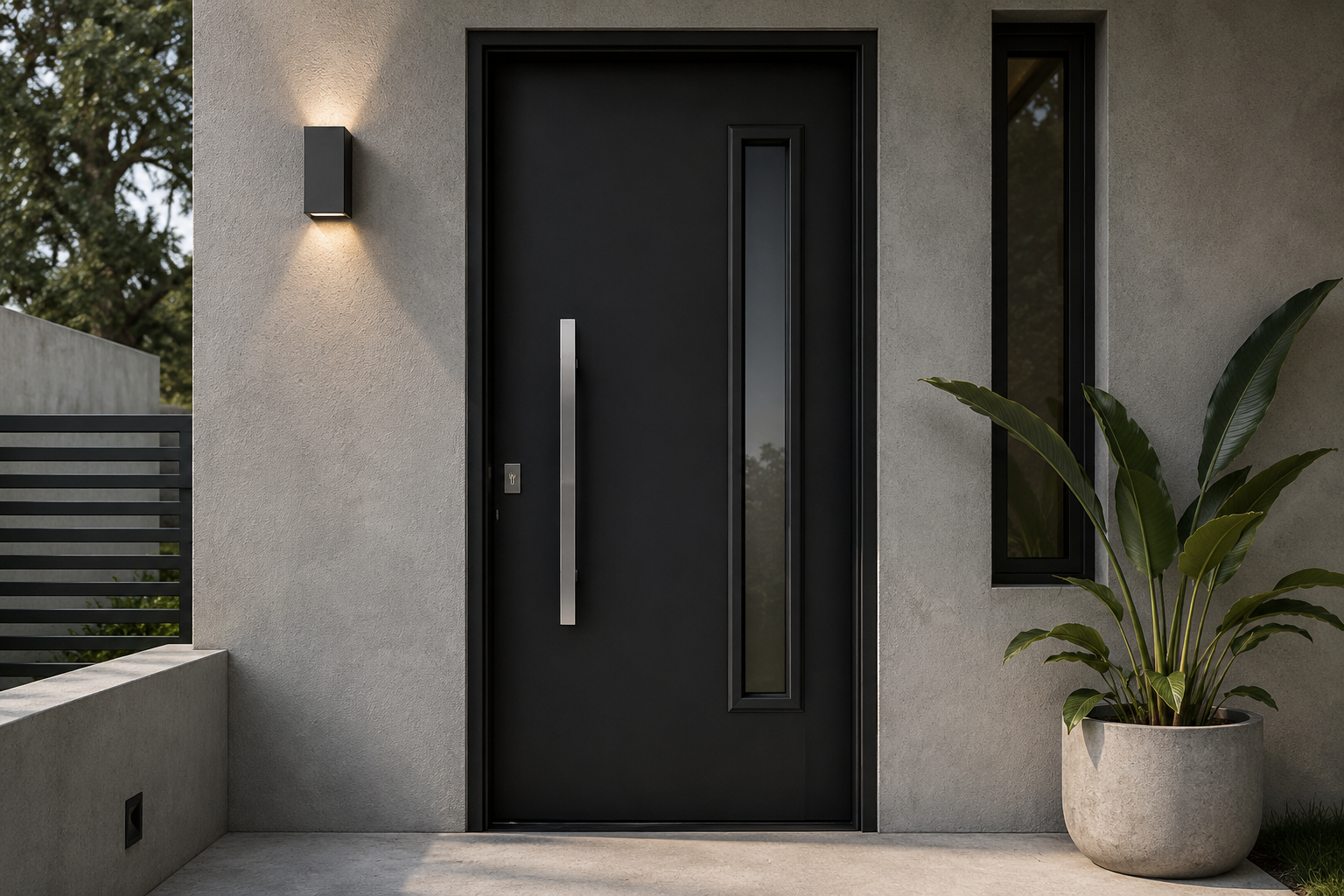 Puerta Barmetal 1800PF Negra Plati instalada en fachada moderna GBA