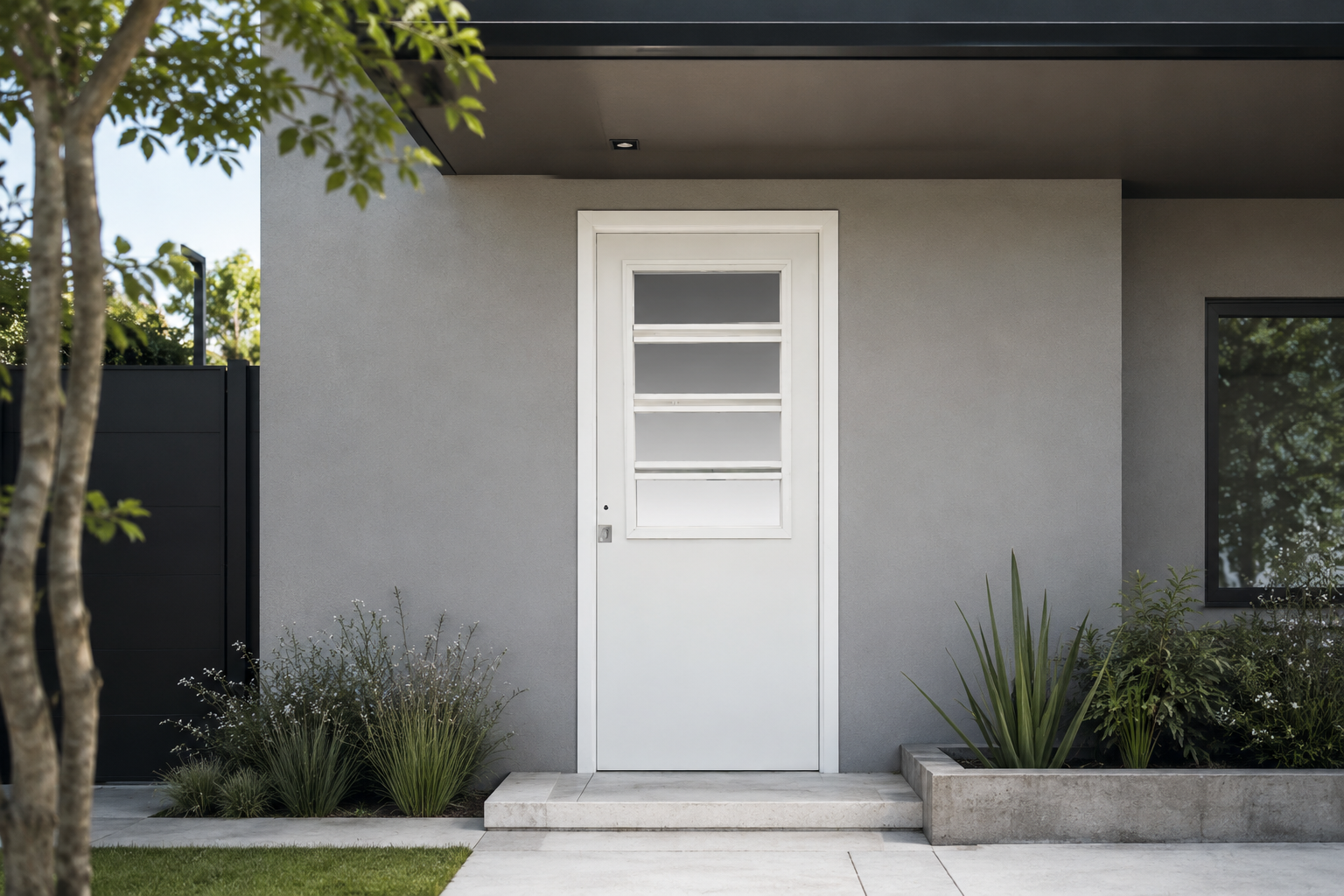 Puerta Barmetal 1810PF Blanca Plati instalada en fachada moderna GBA