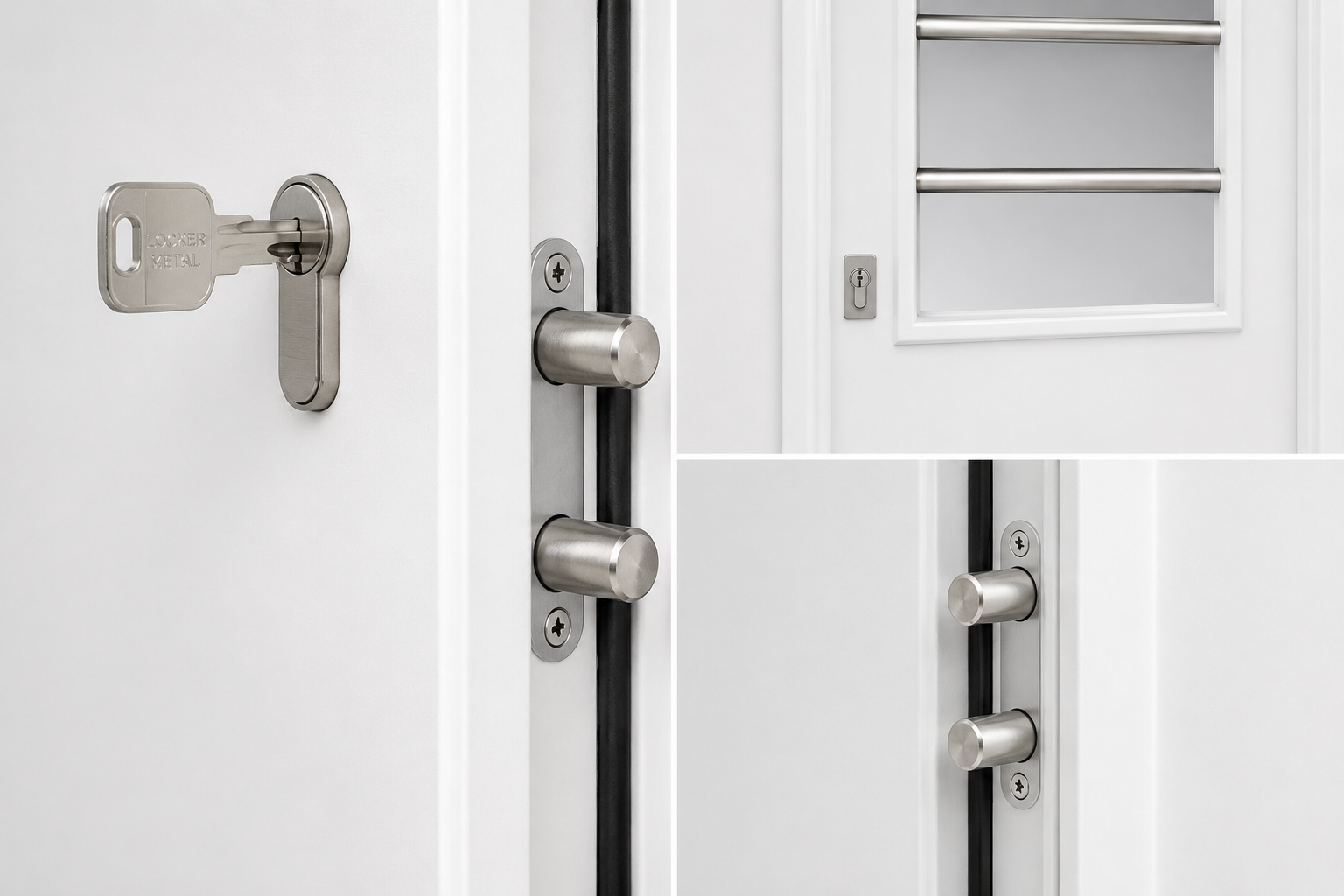 Detalle europerfil + cerrojos y barral inox Barmetal 1810PF Blanca Plati