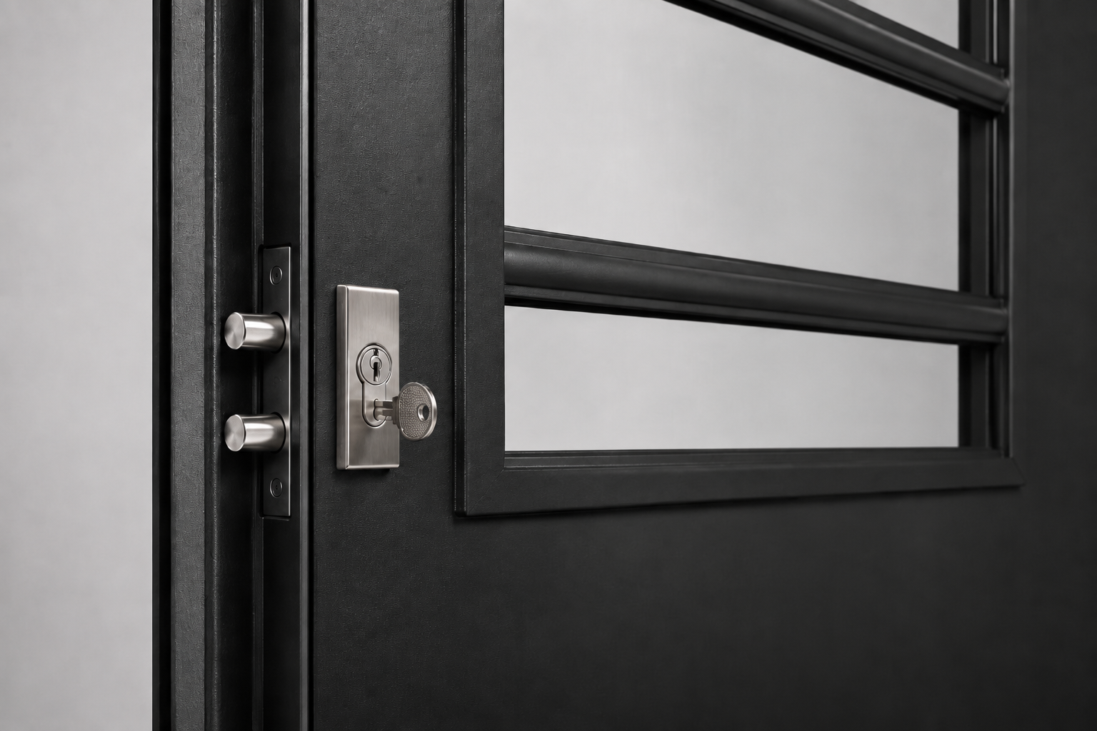 Puerta Barmetal 1810PF Negra Plati instalada en fachada moderna GBA