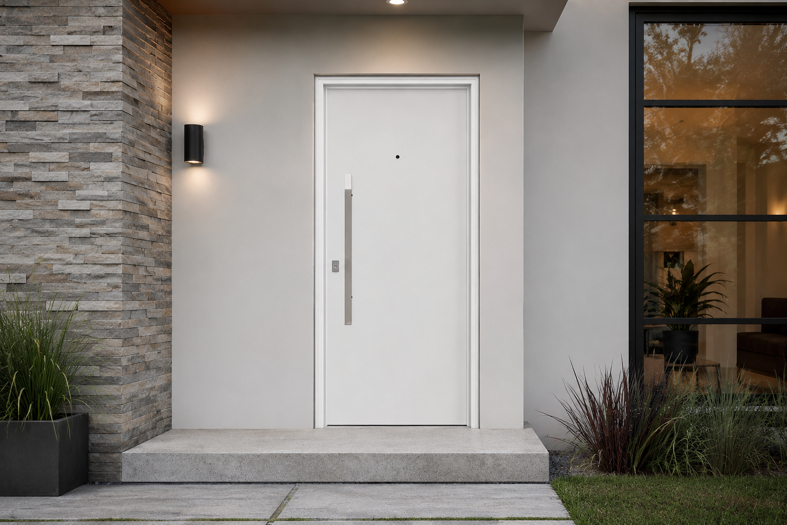 Puerta Barmetal 1830PF Blanca Plati instalada en fachada moderna GBA