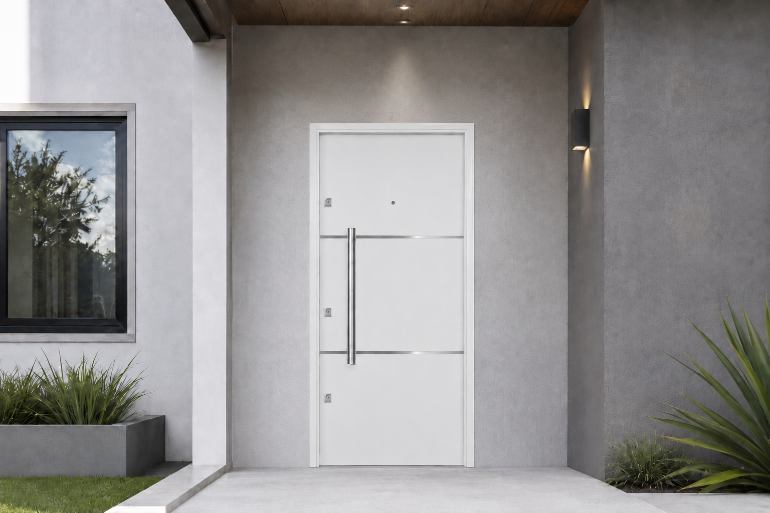 Puerta Barmetal 2230PF Blanca Plati instalada en fachada moderna GBA