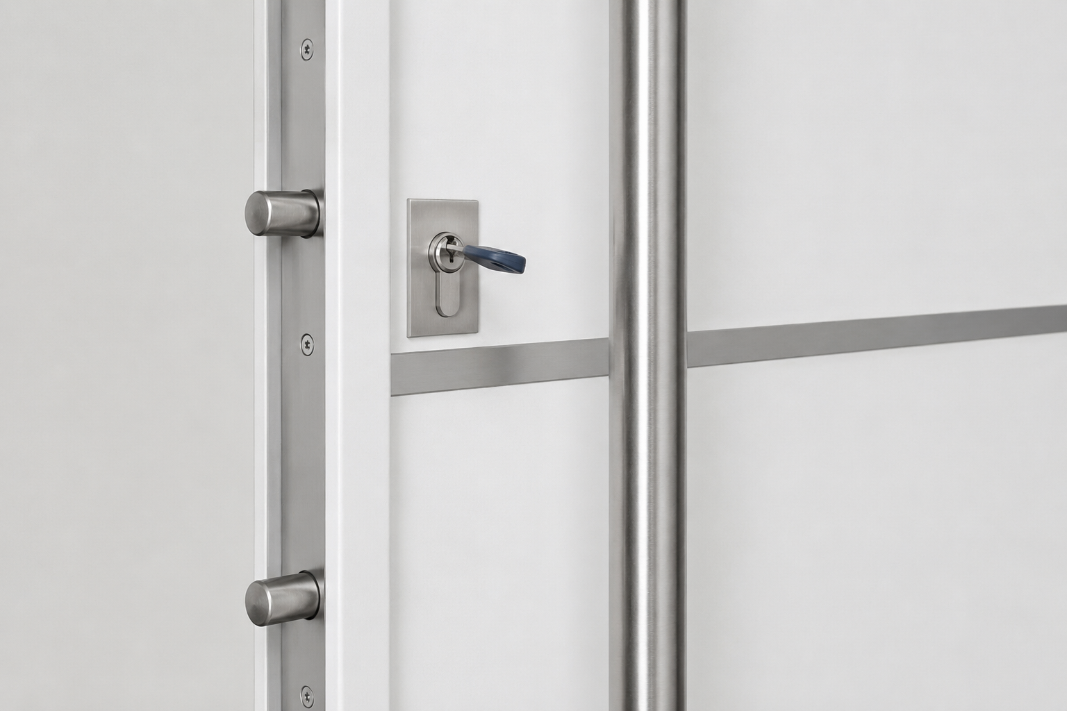 Detalle europerfil + cerrojos y barral inox Barmetal 2230PF Blanca Plati