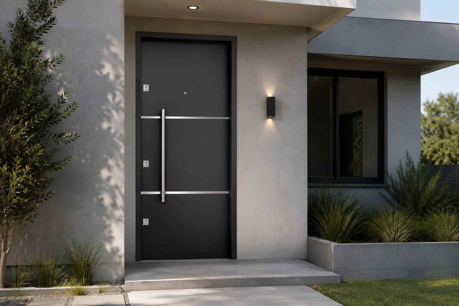 Puerta Barmetal 2230PF Negra Plati instalada en fachada moderna GBA