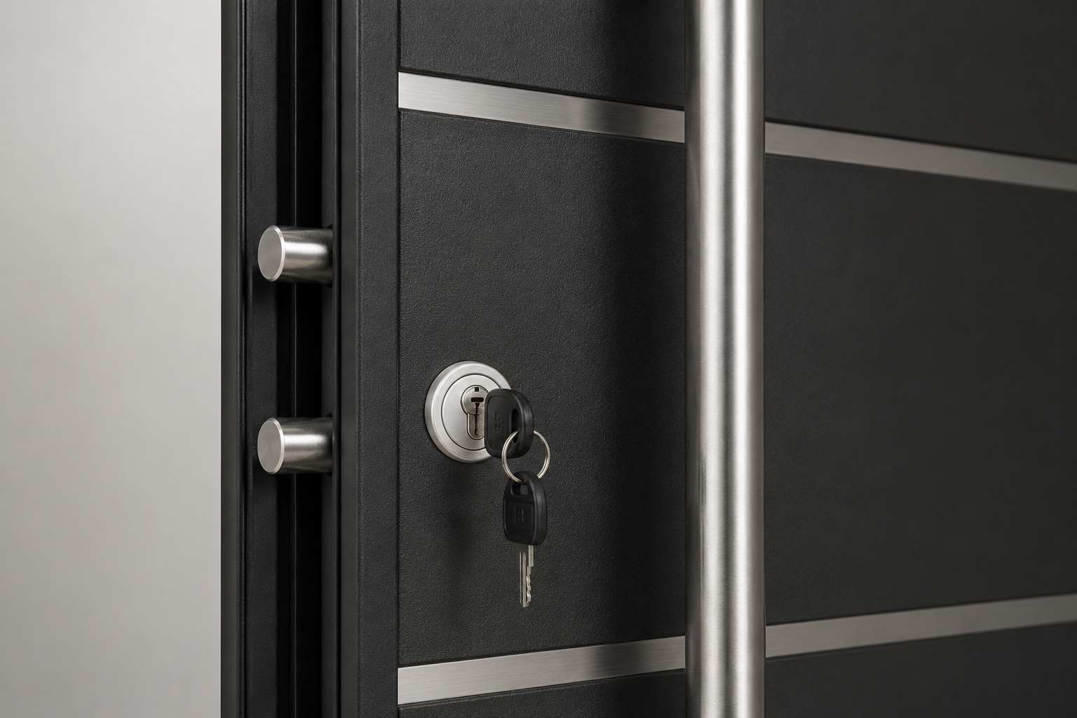 Detalle europerfil + cerrojos y barral inox Barmetal 2230PF Negra Plati