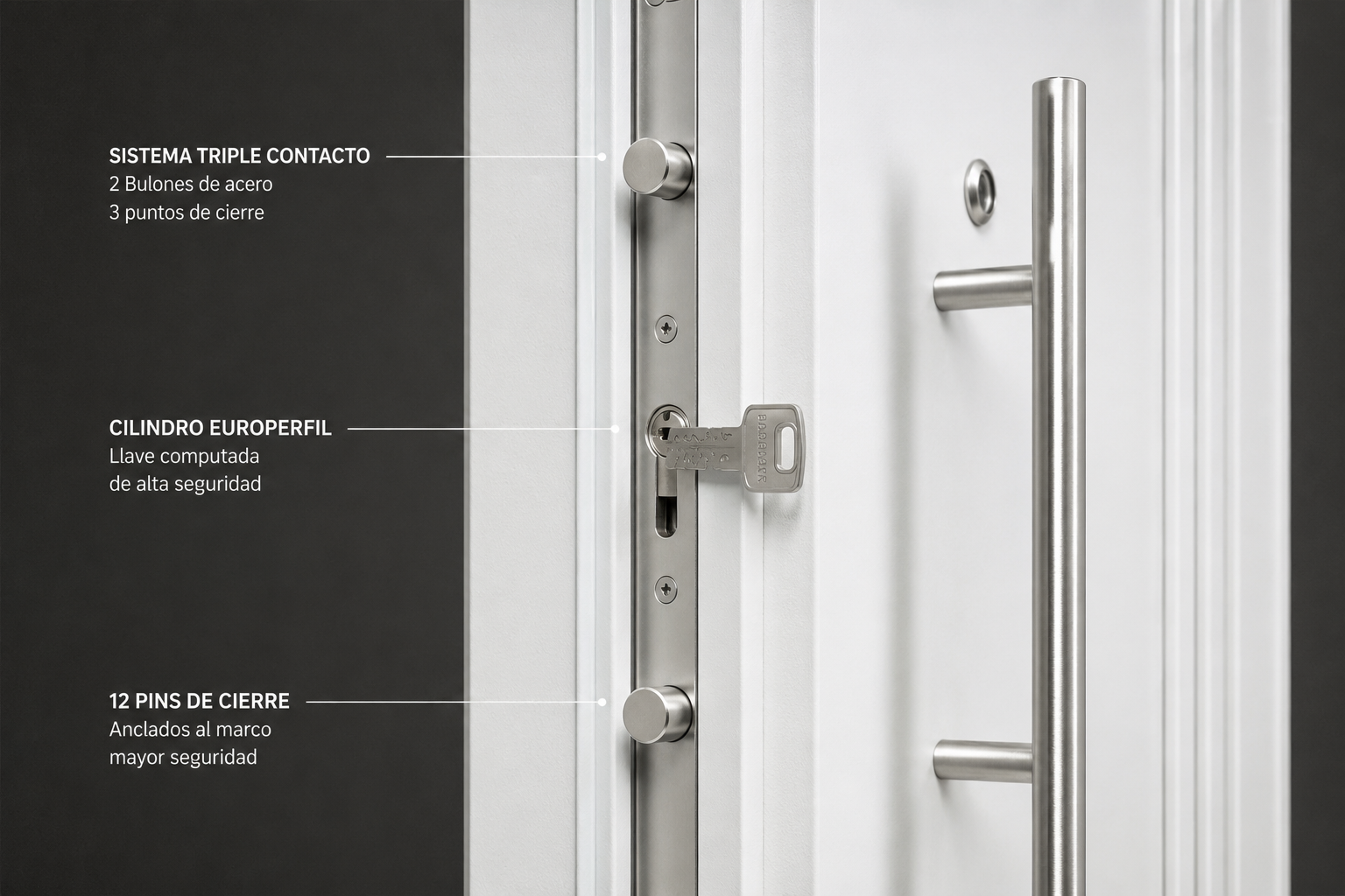 Detalle cerradura triple Barmetal 2530PF Blanca