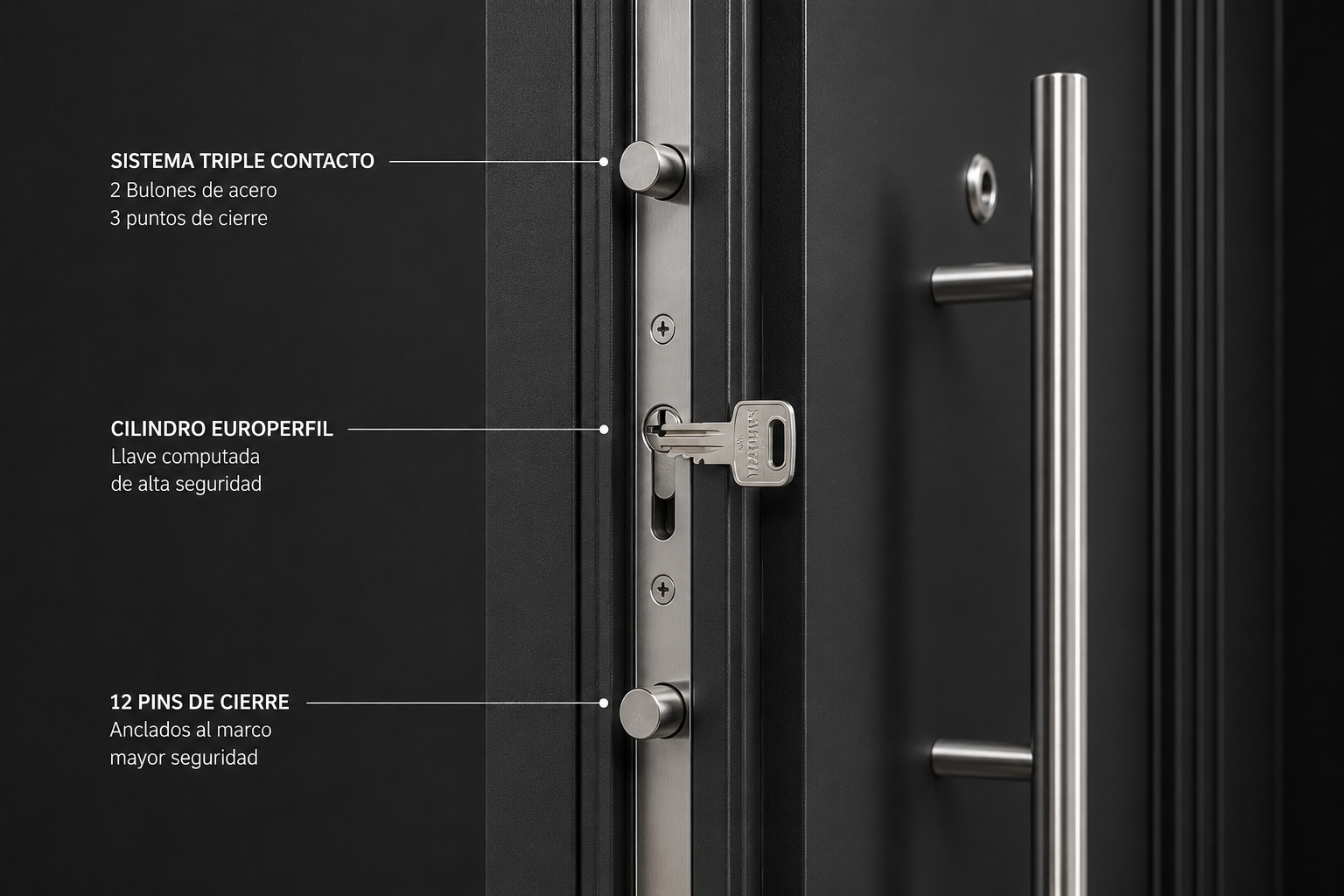 Detalle cerradura triple Puerta Barmetal 2530PF Negra