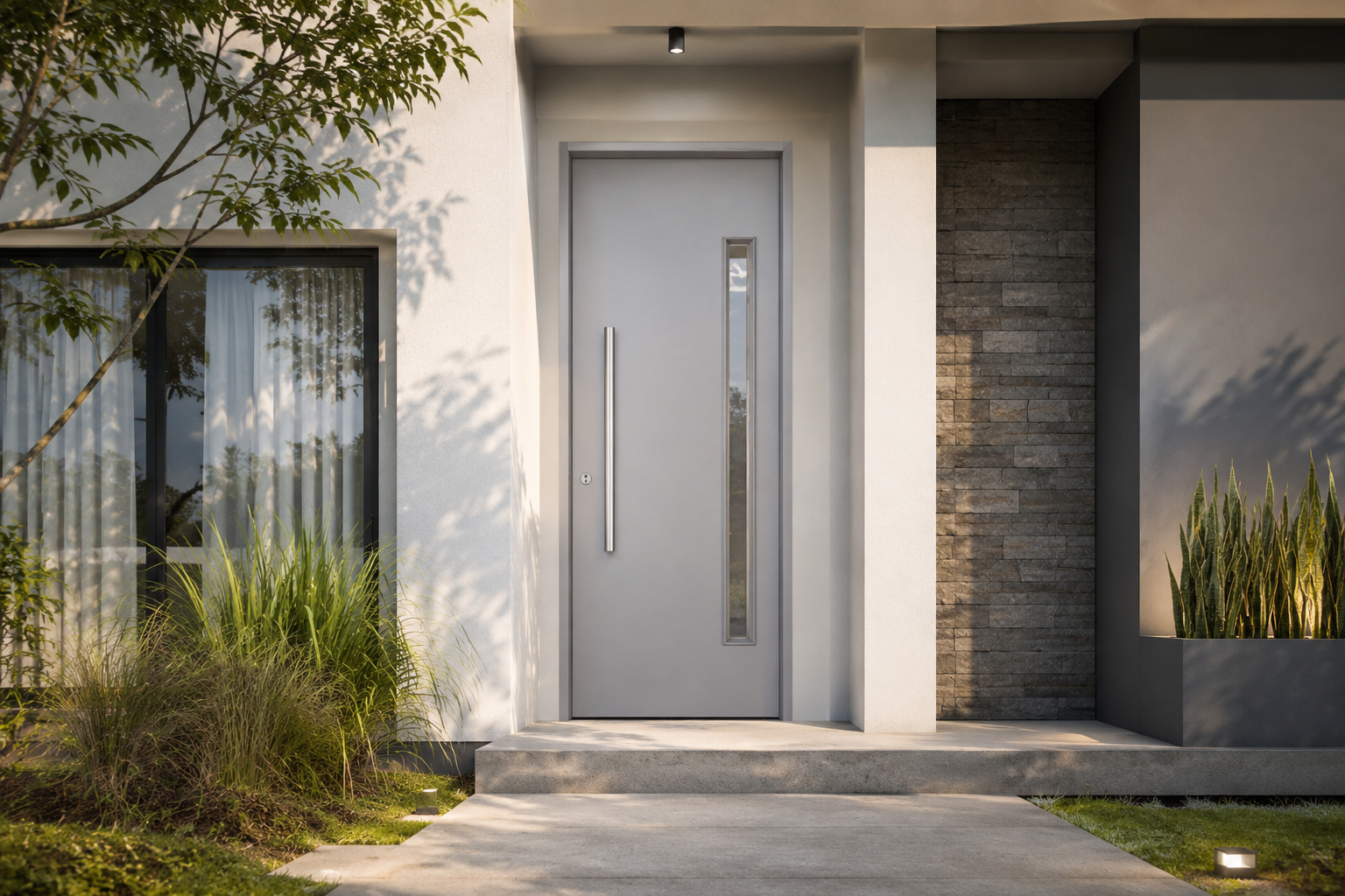 Puerta Adramet #402 instalada en fachada moderna GBA