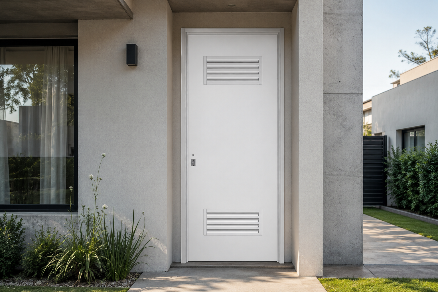 Puerta Adramet 403 instalada en fachada moderna GBA