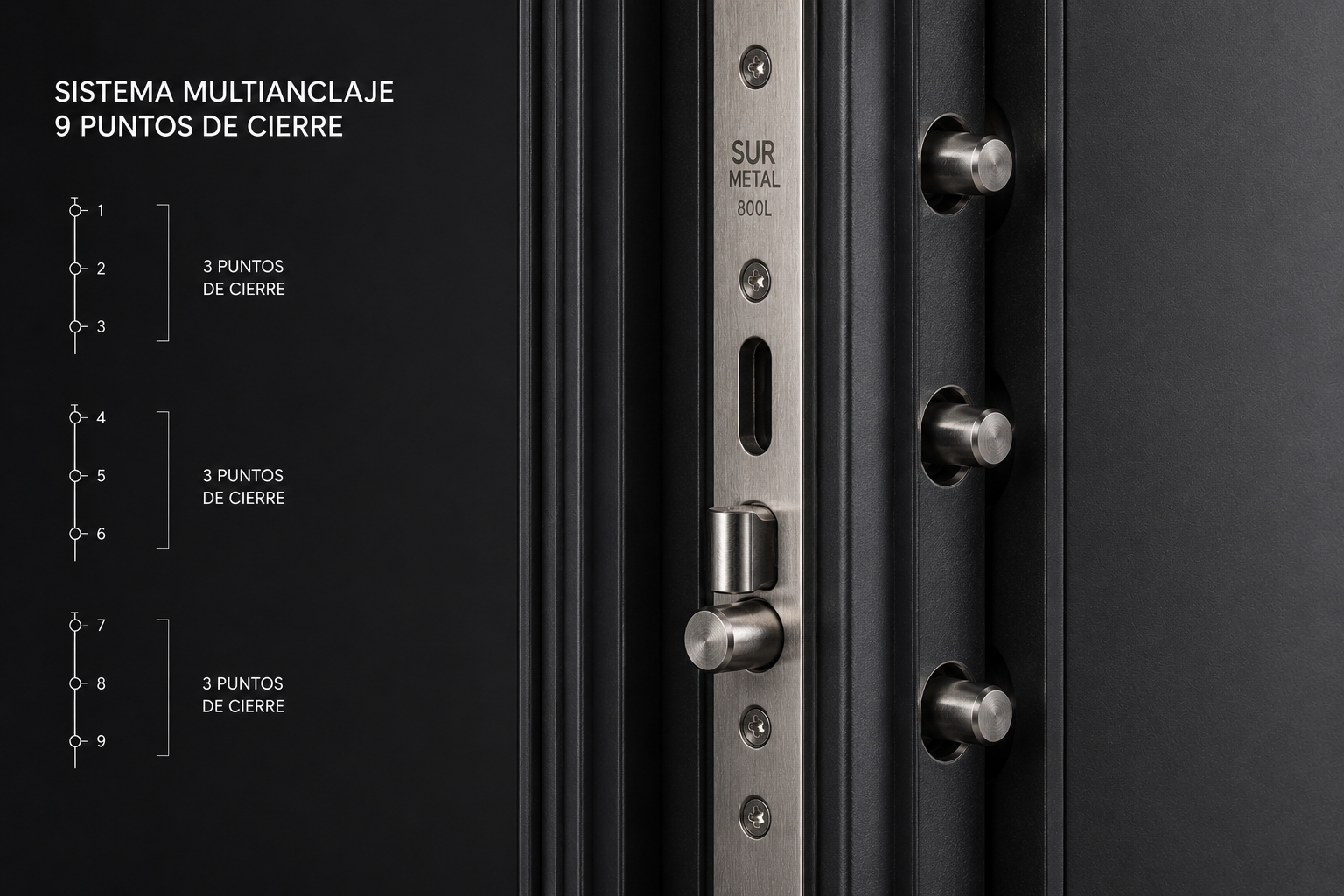 Detalle sistema multianclaje 9 puntos de cierre Sur Metal 800L