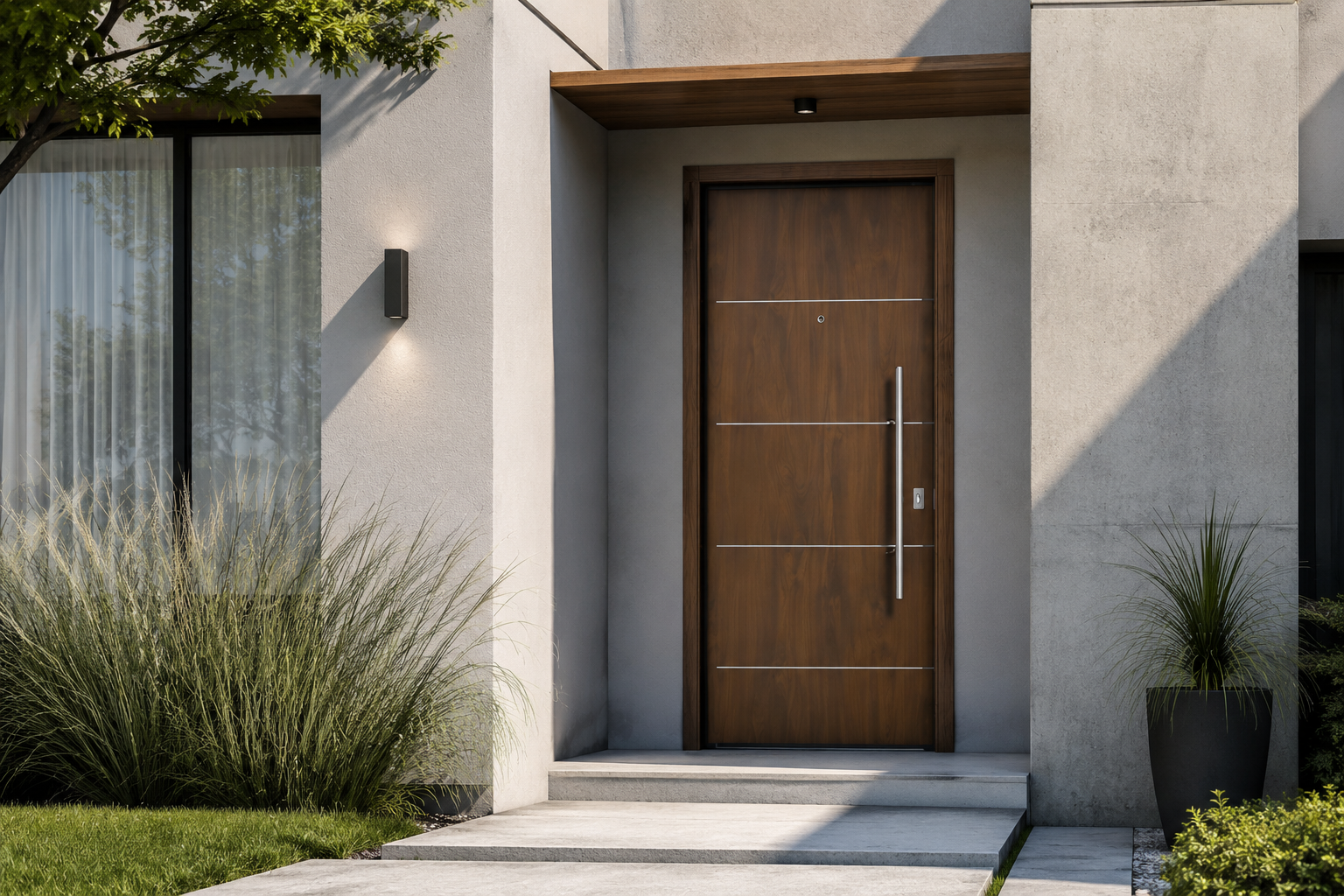 Puerta Pavir Acero Simil Caoba instalada en fachada moderna GBA