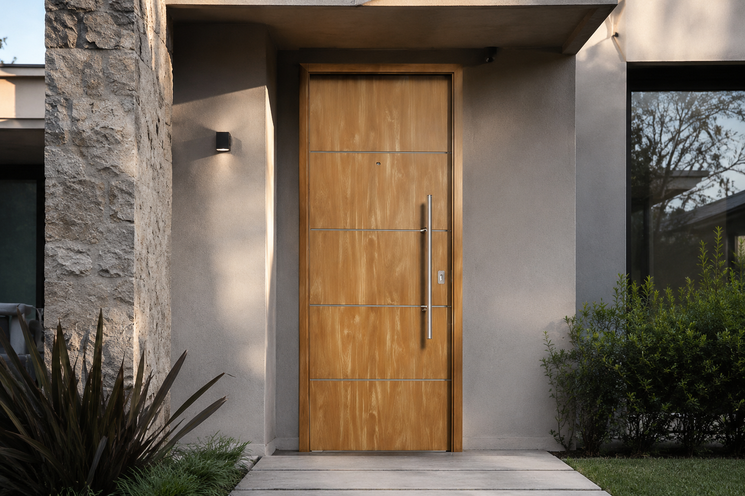 Puerta Pavir Acero Simil Fresno instalada en fachada moderna GBA