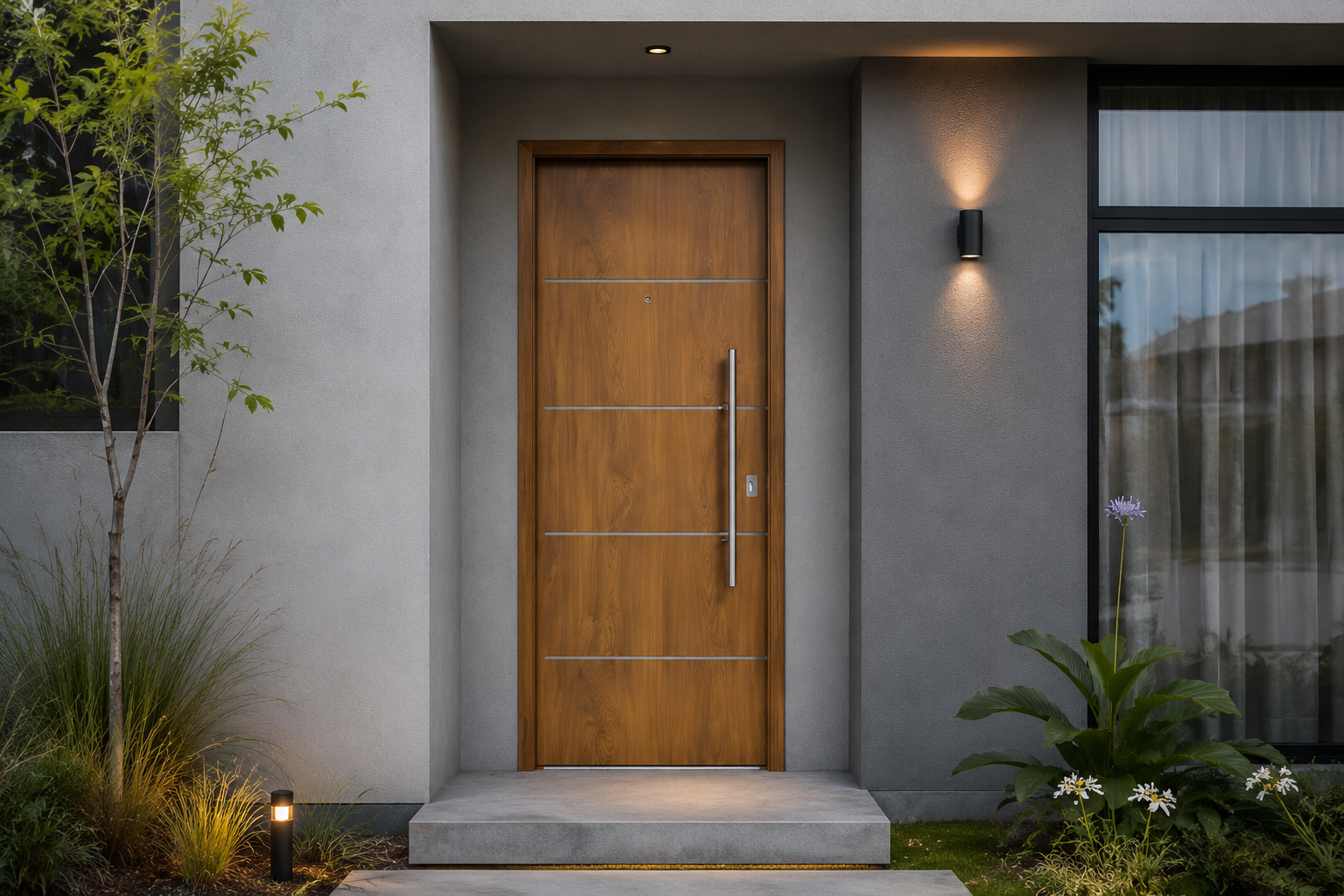 Puerta Pavir Acero Simil Roble instalada en fachada moderna GBA