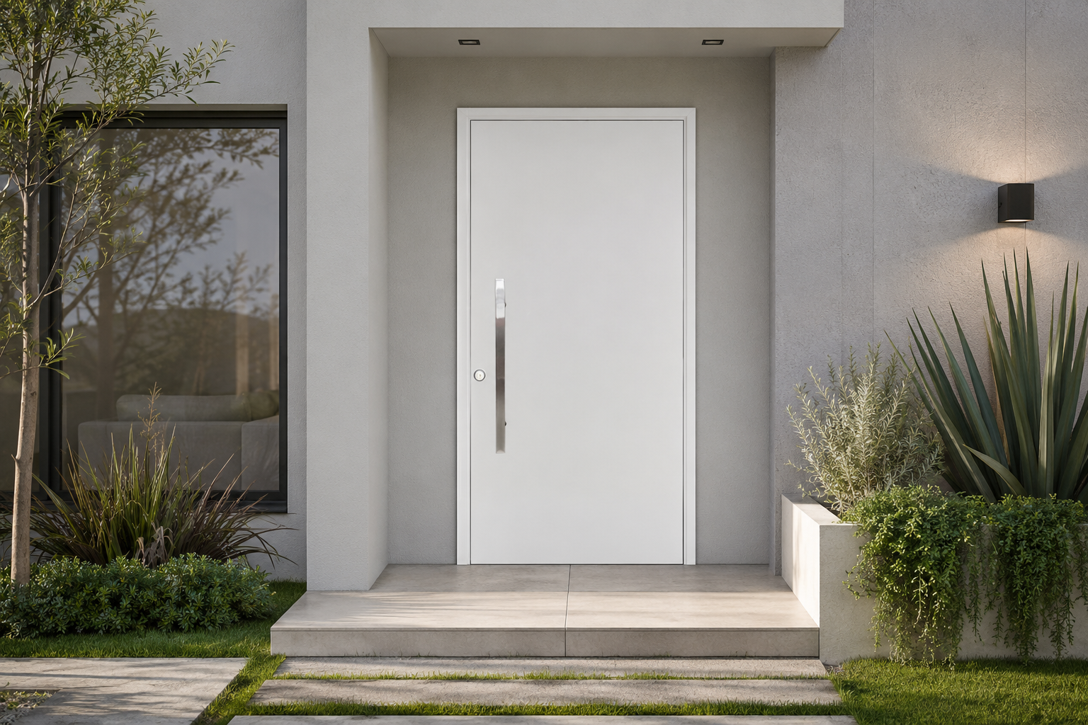 Puerta Barmetal Country 2830PF Blanca Plati instalada en fachada moderna GBA