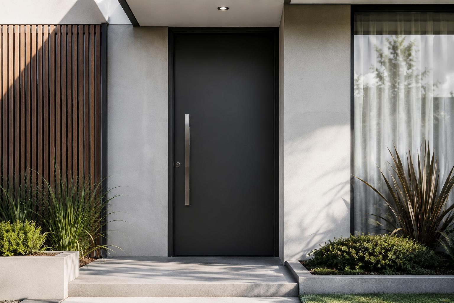 Puerta Barmetal Country 2830PF Negra Plati instalada en fachada moderna GBA