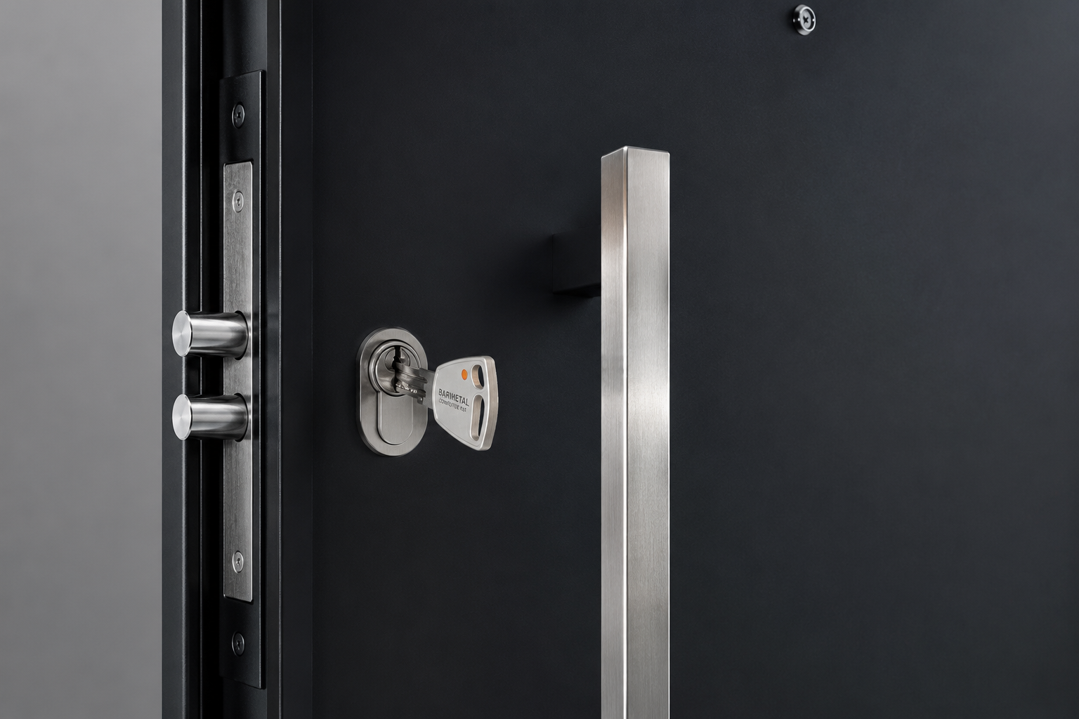 Detalle europerfil + cerrojos y barral inox Barmetal Country 2830PF Negra Plati