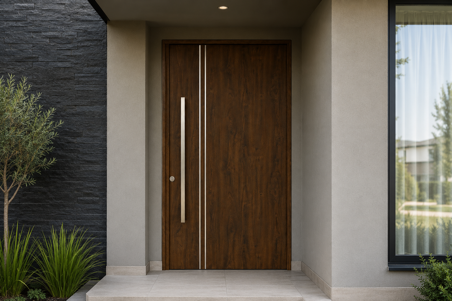 Puerta Pivotante Nexo Nogal instalada en fachada moderna
