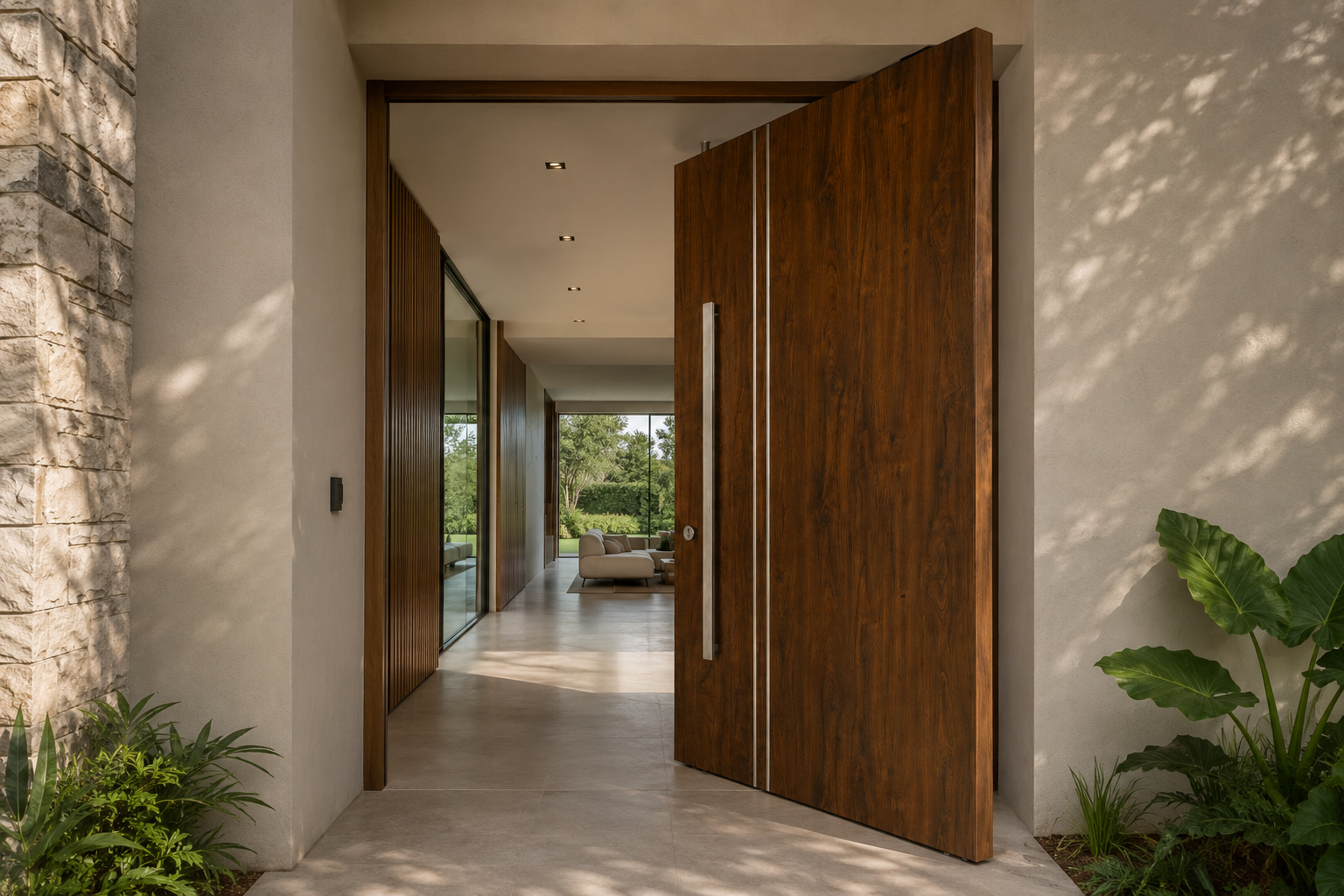 Detalle Puerta Pivotante Nexo Nogal — sistema 13 puntos de anclaje