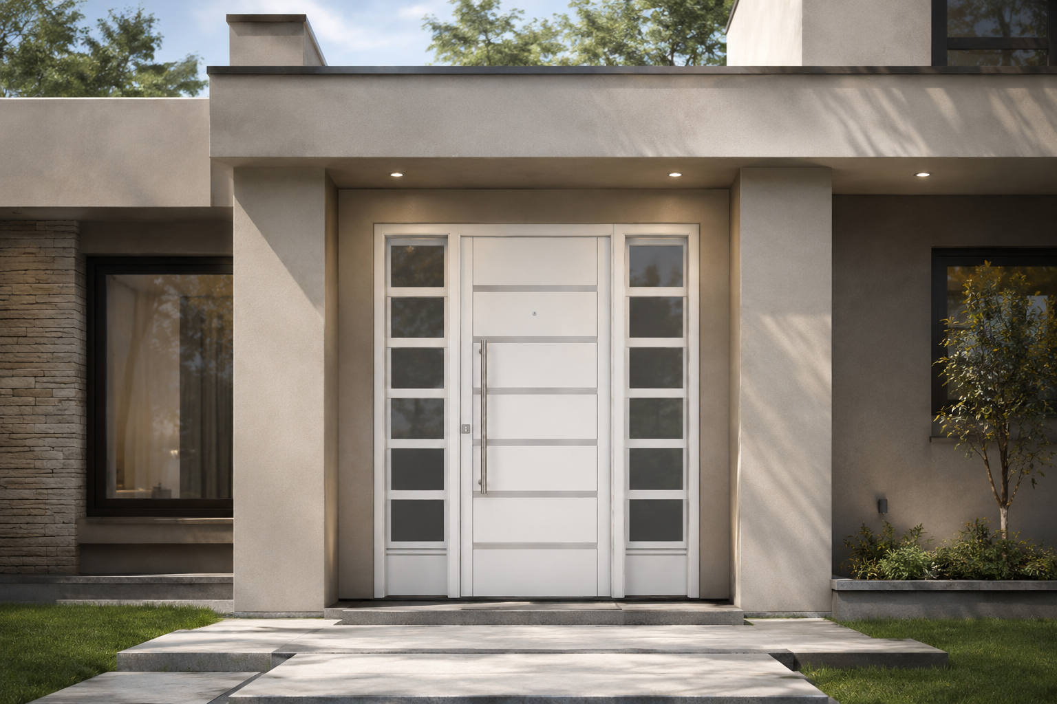 Puerta Residencial Doble 7 Tableros Horizontales Nexo instalada en fachada moderna GBA
